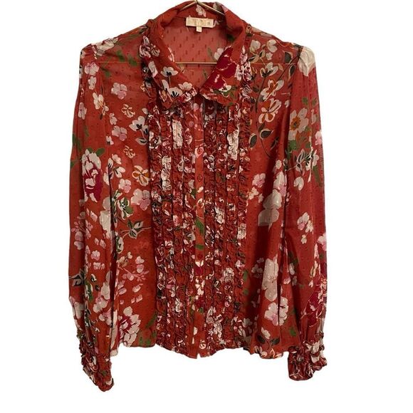 by TiMo Ruffle Front Floral Semi Sheer Long Sleeve Blouse Size L - Picture 1 of 7